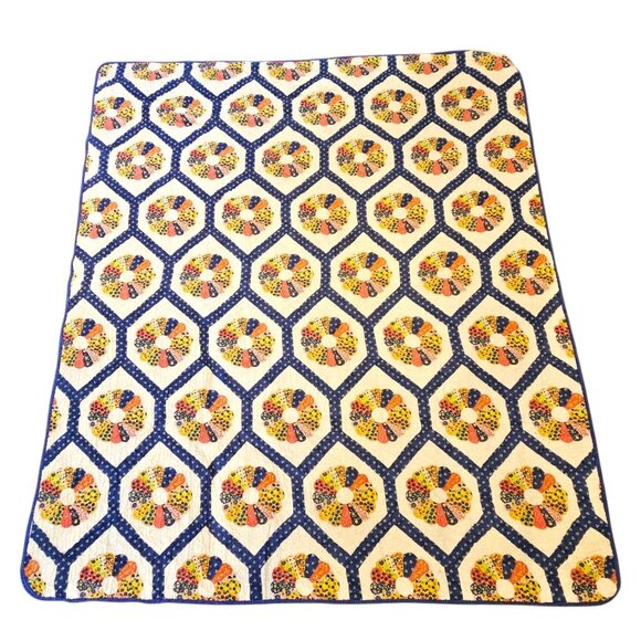 Vintage 70s Dresden Plate Wheel Quilt Blue Floral Backing 70 X 80" Blue Yellow - Picture 1 of 8